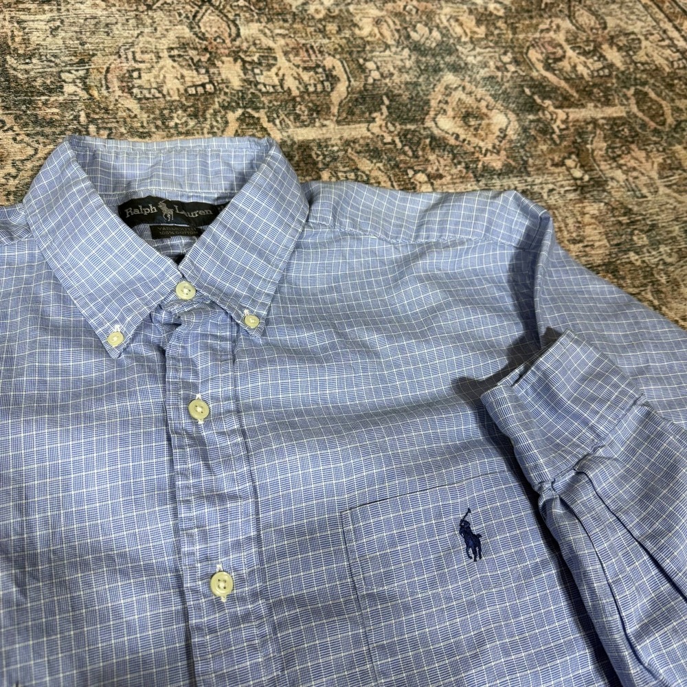 Ralph Lauren Yarmouth Dress Shirt Mens 16 Blue Gingham Cotton Button Down Career
